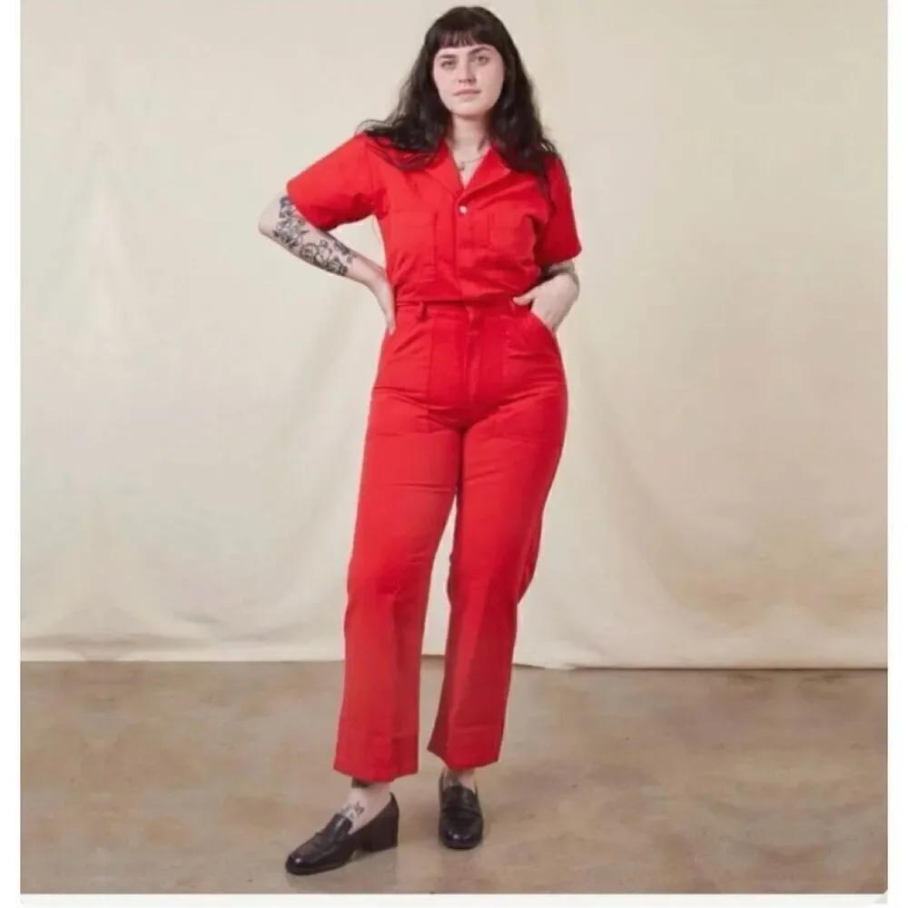 Vintage 1900s Lerner Red Twill Long Sleeve Button Front Tapered Leg Red Boiler J